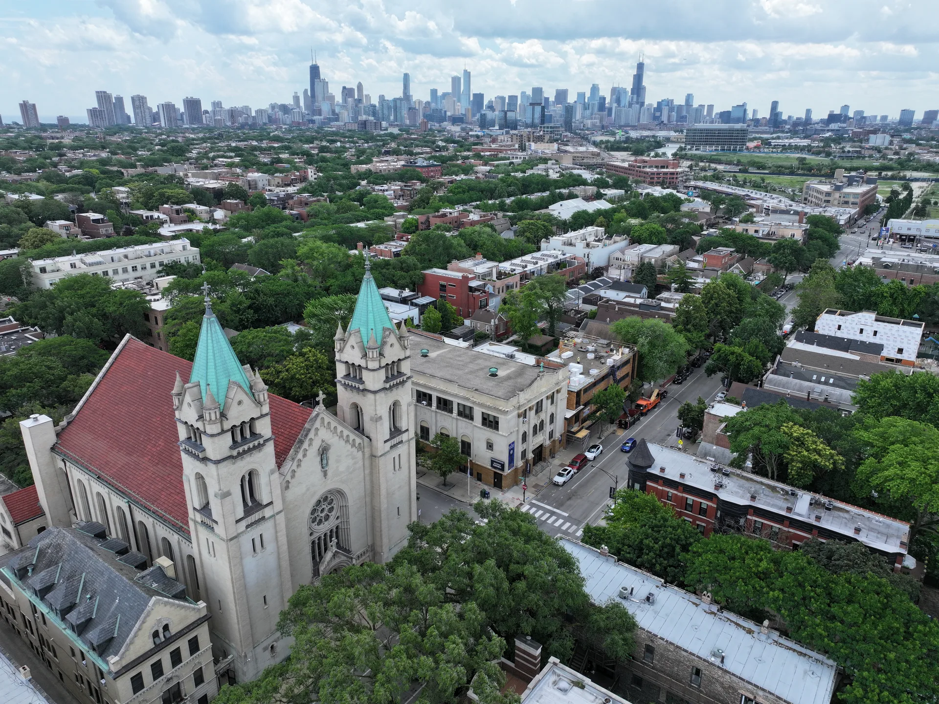 Chicago Dusk Aerial View of School Building