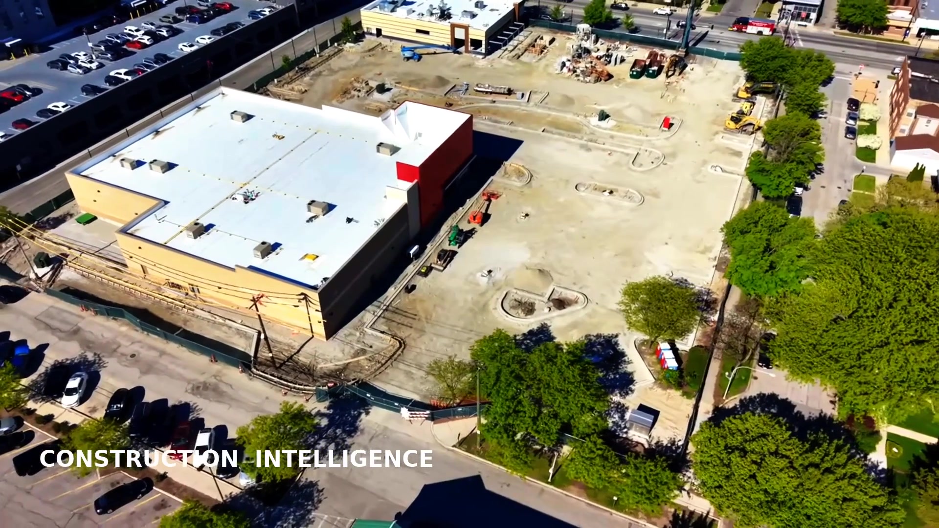 Aerial drone view of Chicago buildings and job sites captured by Chicago Drone Service